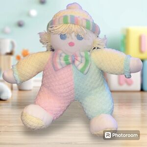 Vtg TB Trading Co Terry Cloth Pastel Clown Plush Lovey Blue Pink Green Yarn Hair